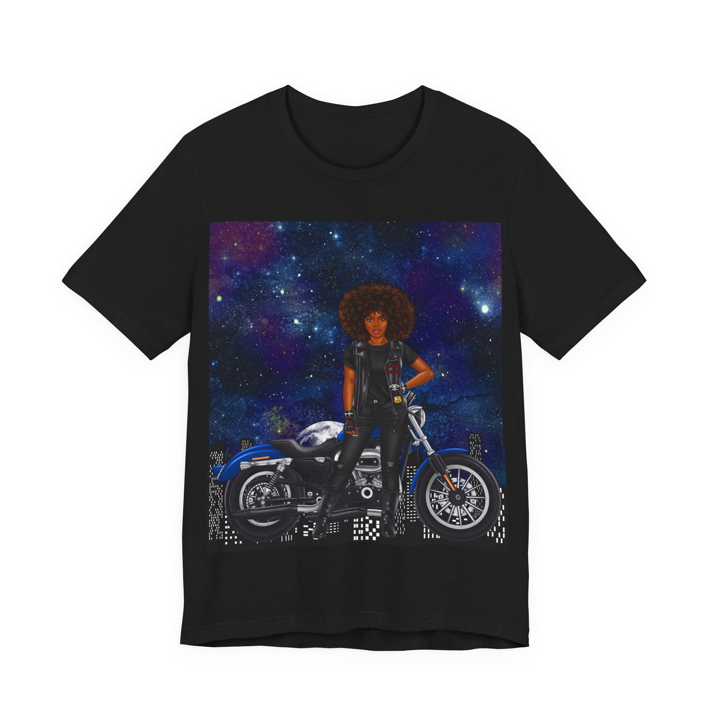 Afro Lady Motorcycle Unisex Jersey Short Sleeve Tee