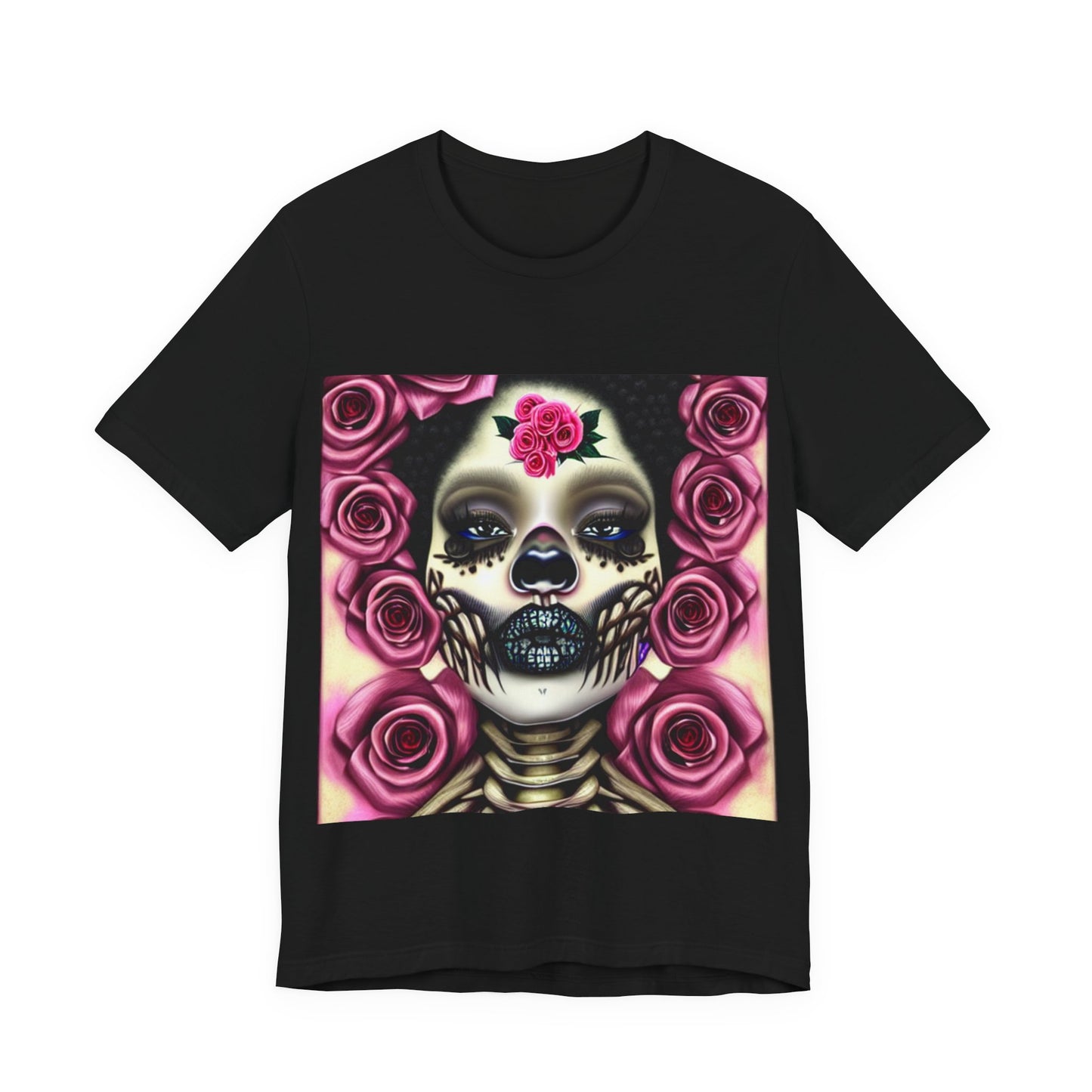 Afro Lady Skeleton Unisex Jersey Short Sleeve Tee, Rose Tee shirt, Pink Roses