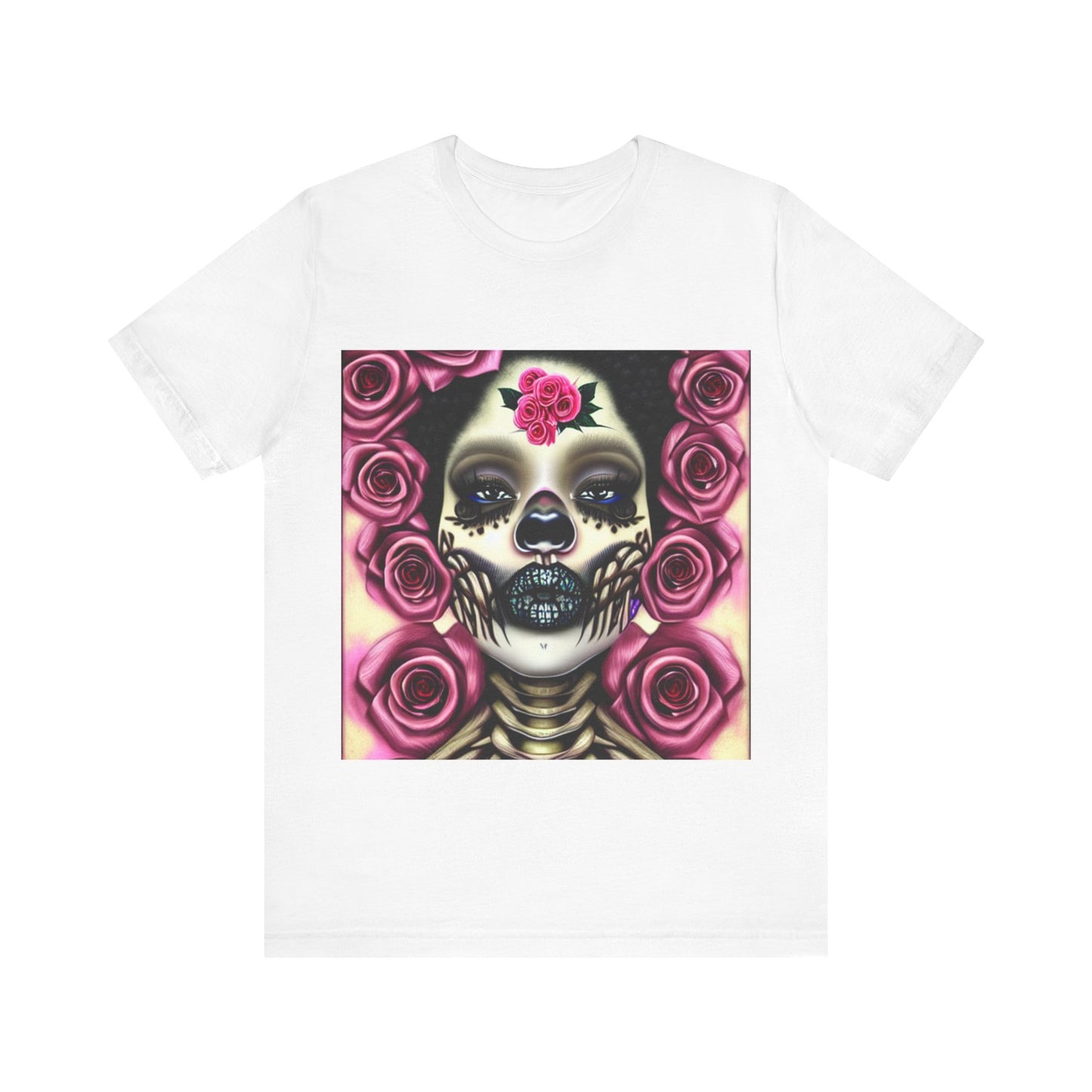 Afro Lady Skeleton Unisex Jersey Short Sleeve Tee, Rose Tee shirt, Pink Roses