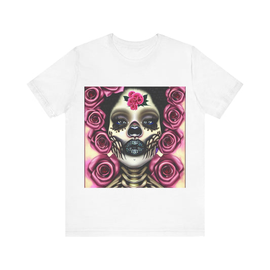 Afro Lady Skeleton Unisex Jersey Short Sleeve Tee, Rose Tee shirt, Pink Roses