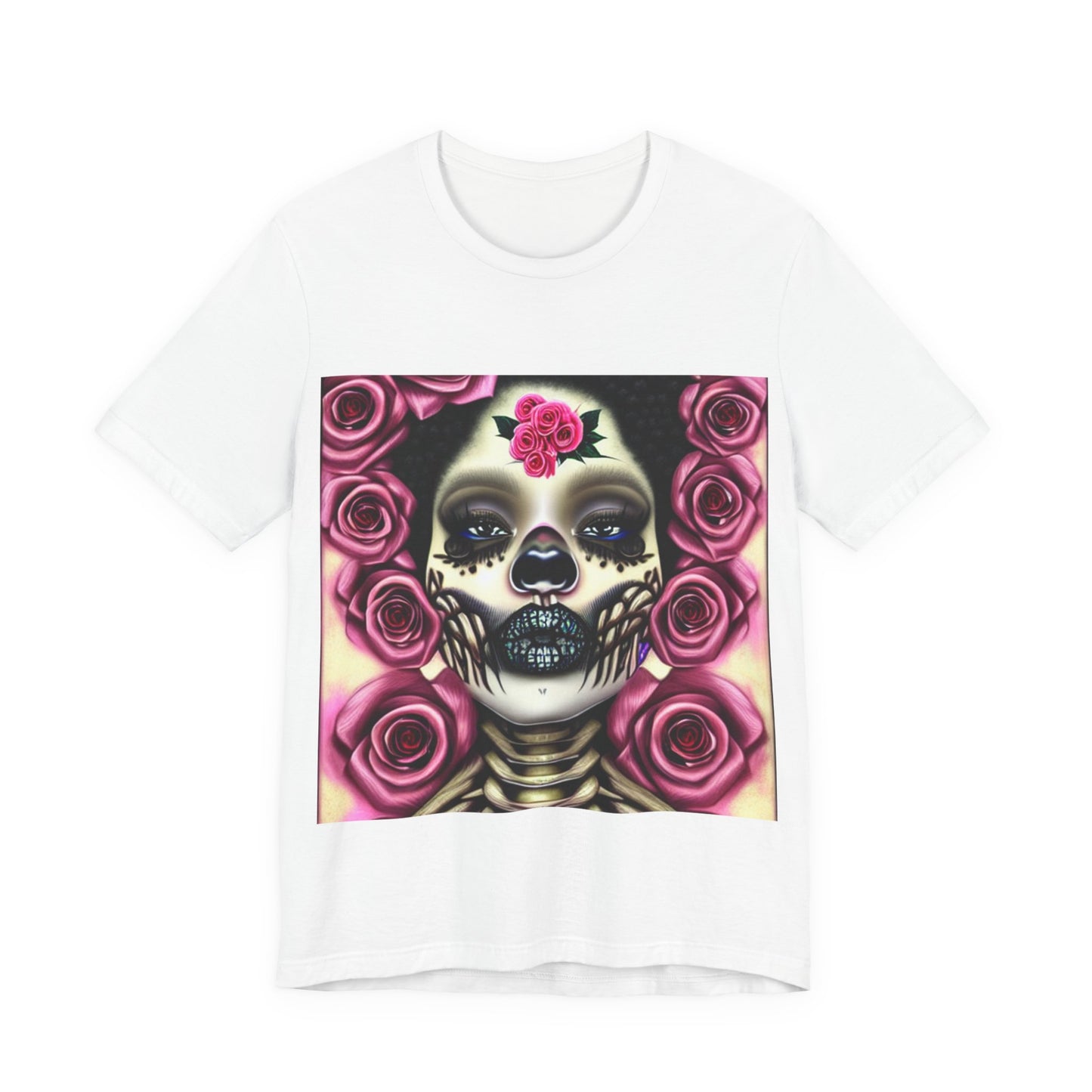 Afro Lady Skeleton Unisex Jersey Short Sleeve Tee, Rose Tee shirt, Pink Roses