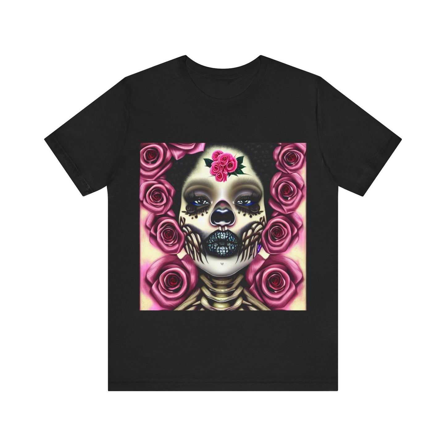 Afro Lady Skeleton Unisex Jersey Short Sleeve Tee, Rose Tee shirt, Pink Roses