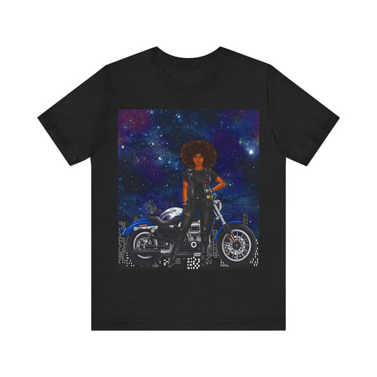 Afro Lady Motorcycle Unisex Jersey Short Sleeve Tee